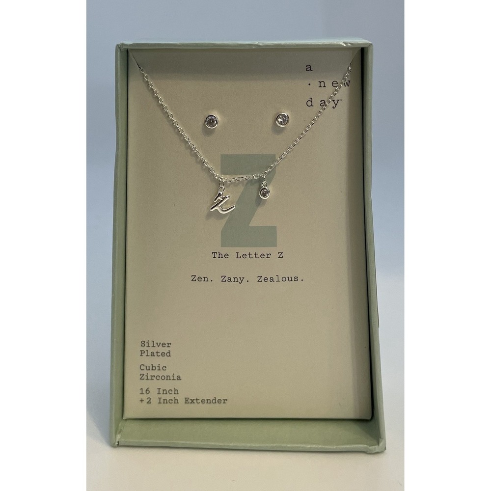 A New Day Silver-Plated 16"‎ Initial 'z' Necklace & Cubic Zirconia Earrings Set